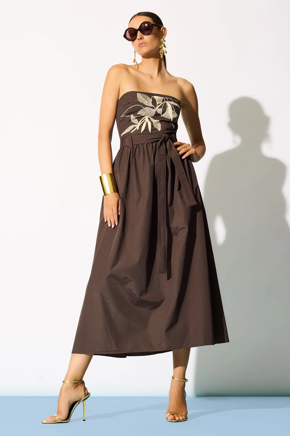 Techno Poplin Embroidered Strapless Belted Dress