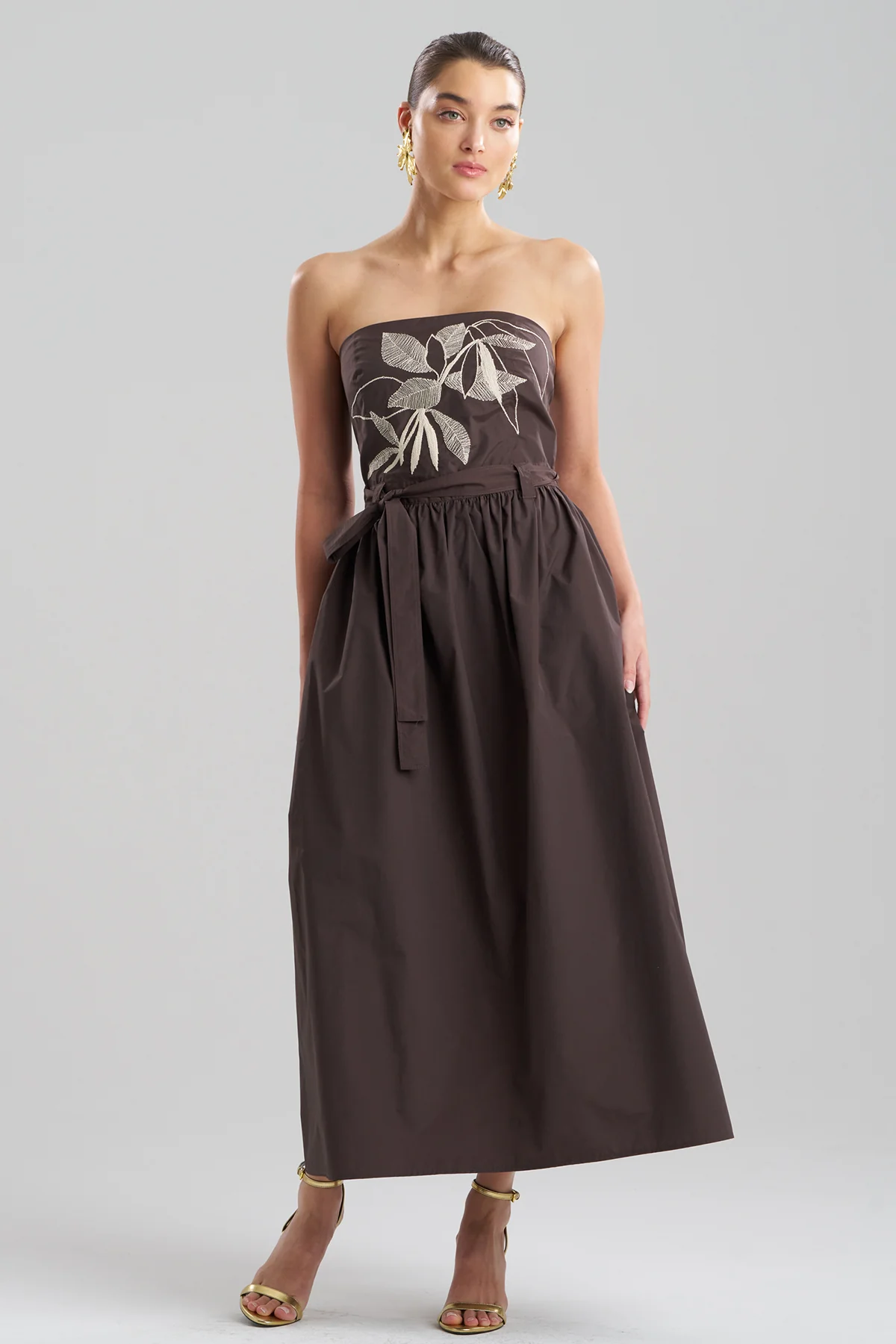 Techno Poplin Embroidered Strapless Belted Dress - Image 2