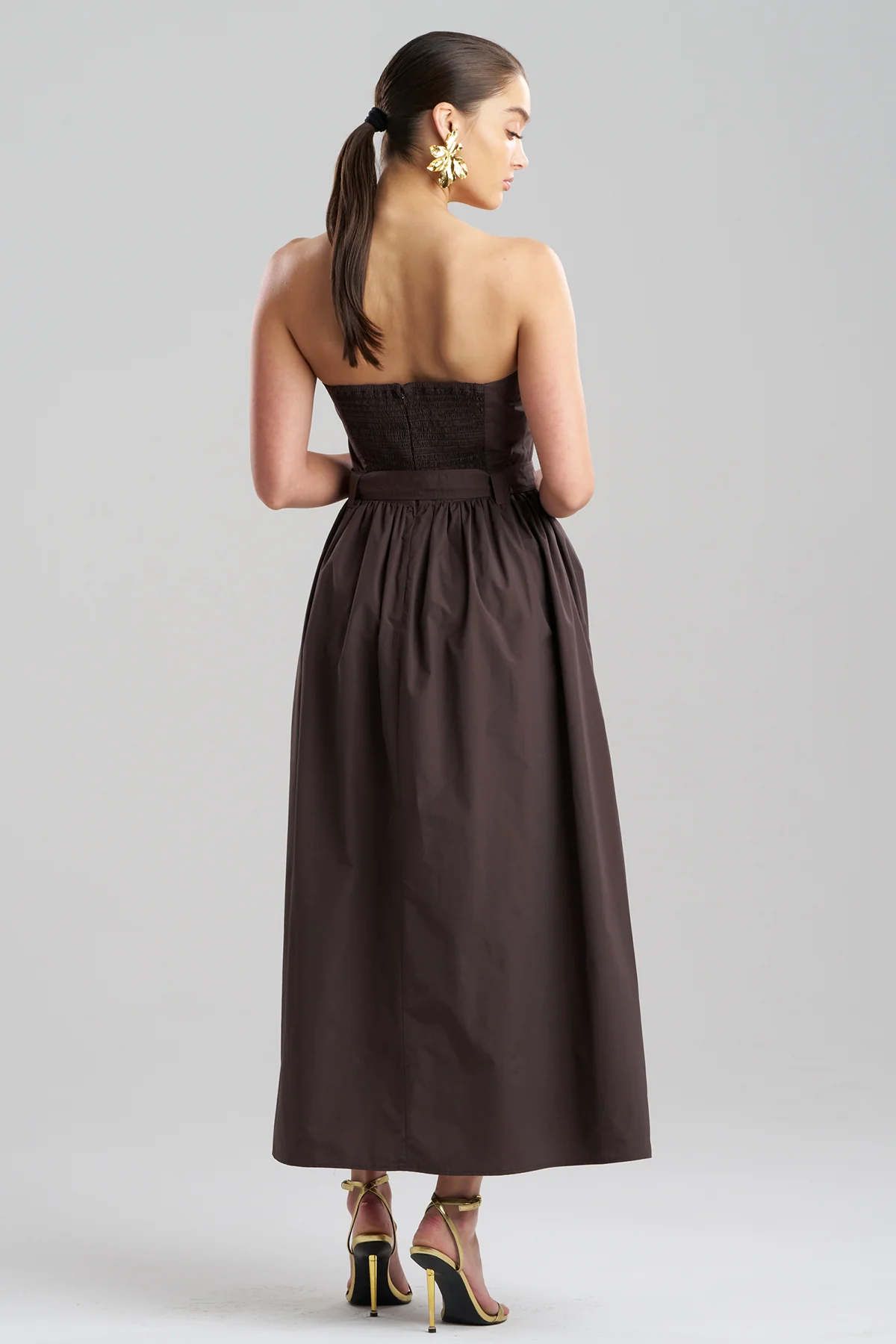 Techno Poplin Embroidered Strapless Belted Dress - Image 3