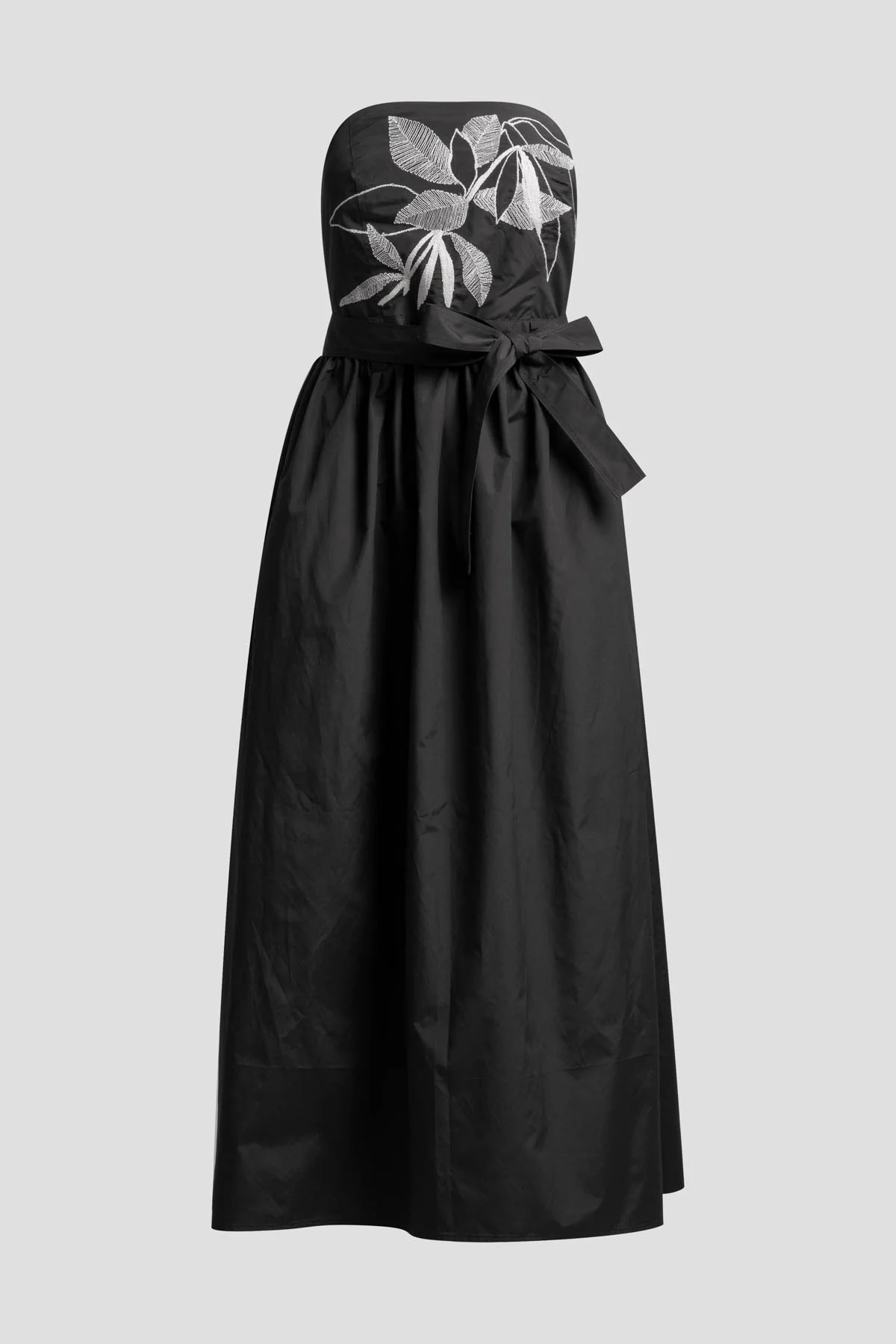 Techno Poplin Embroidered Strapless Belted Dress - Image 5