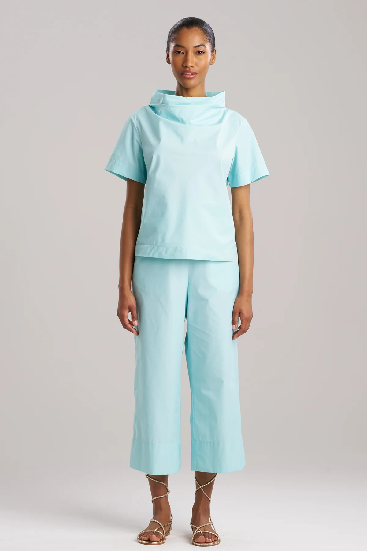 Techno Poplin Short Sleeve Funnel Neck Top - Image 2