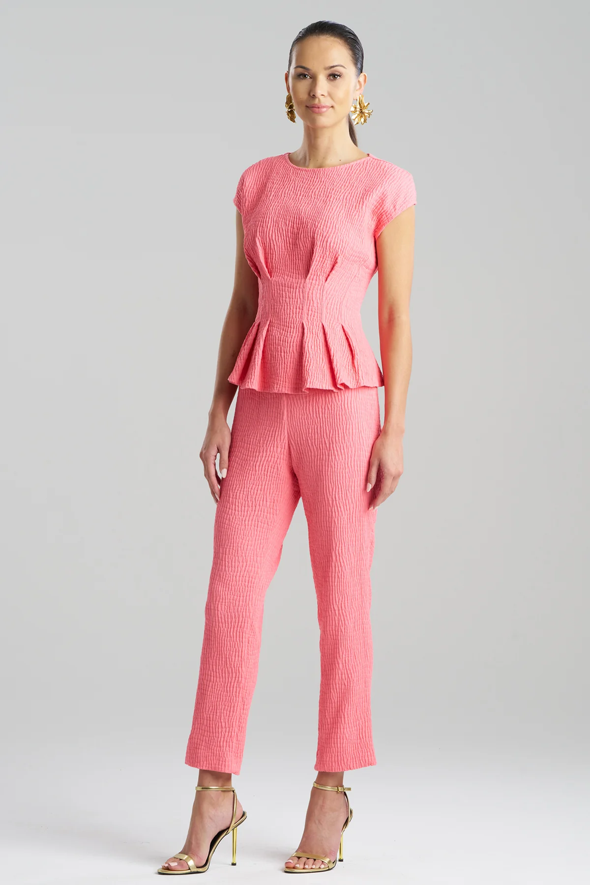 Textured Cotton Jacquard Cap Sleeve Peplum Top - Image 2