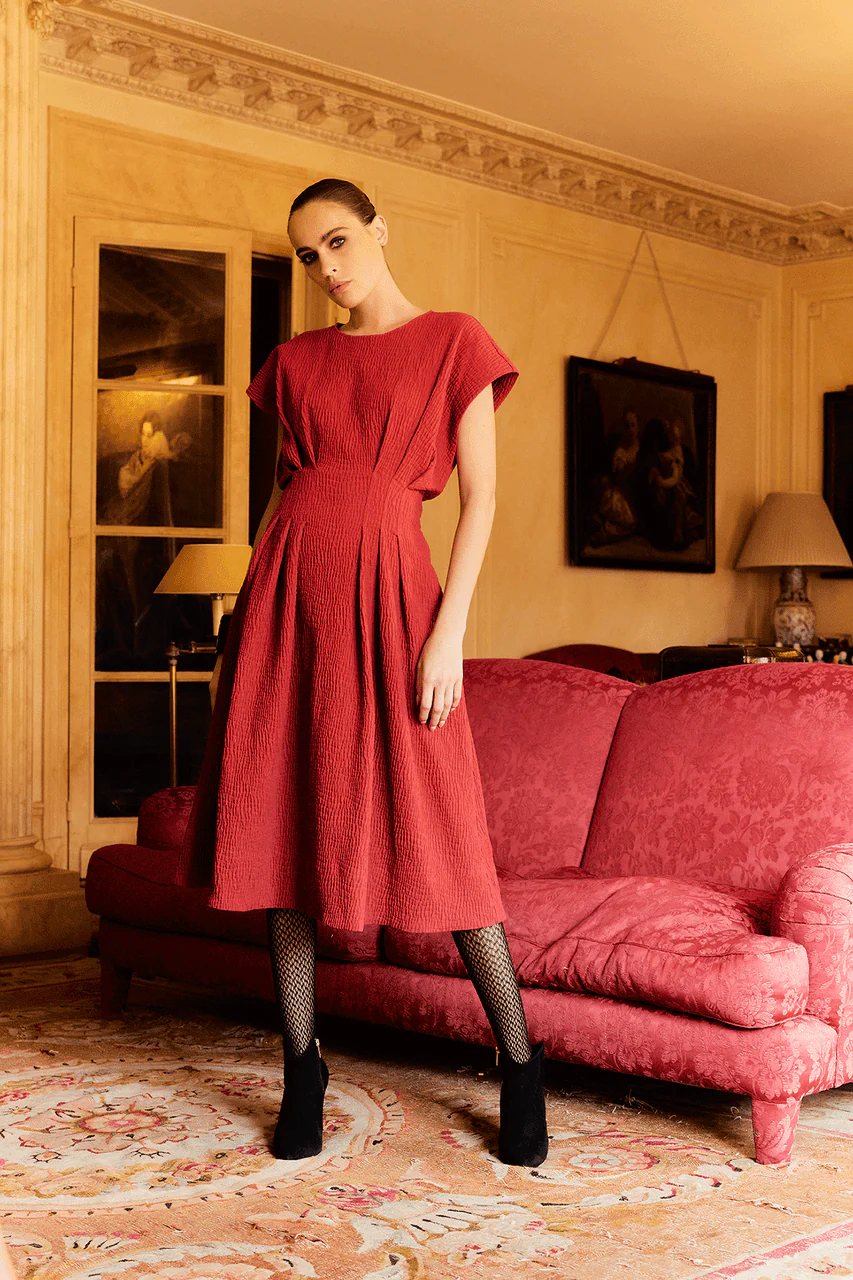 Textured Cotton Jacquard Pleated Dress - Image 4