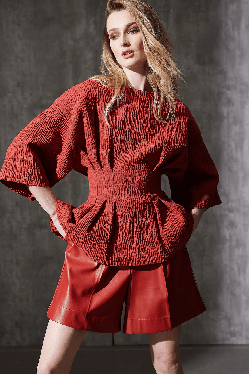 Textured Cotton Jacquard Pleated Peplum Top - Image 3