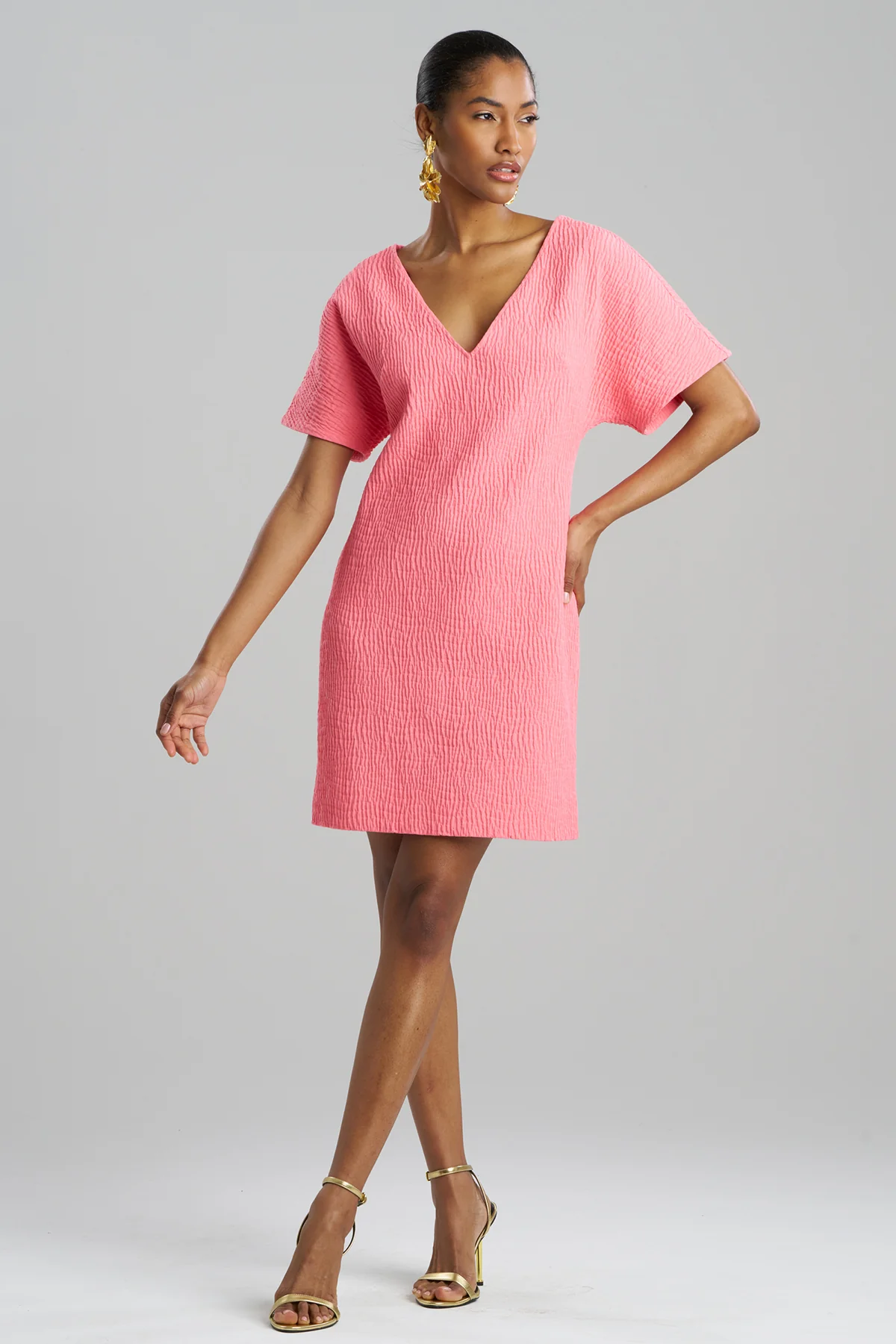 Textured Cotton Jacquard Short Sleeve Sheath Dress - Image 2