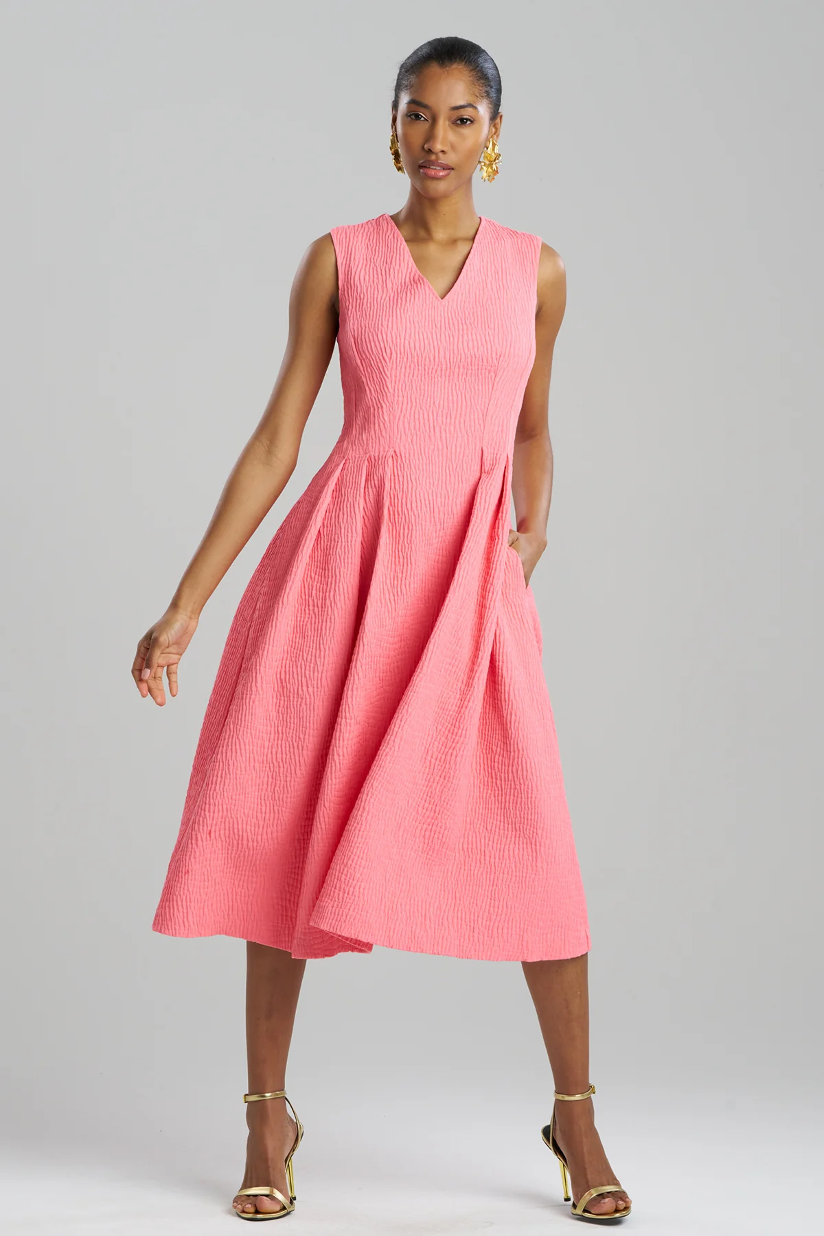Textured Cotton Jacquard Sleeveless Pleated Dress