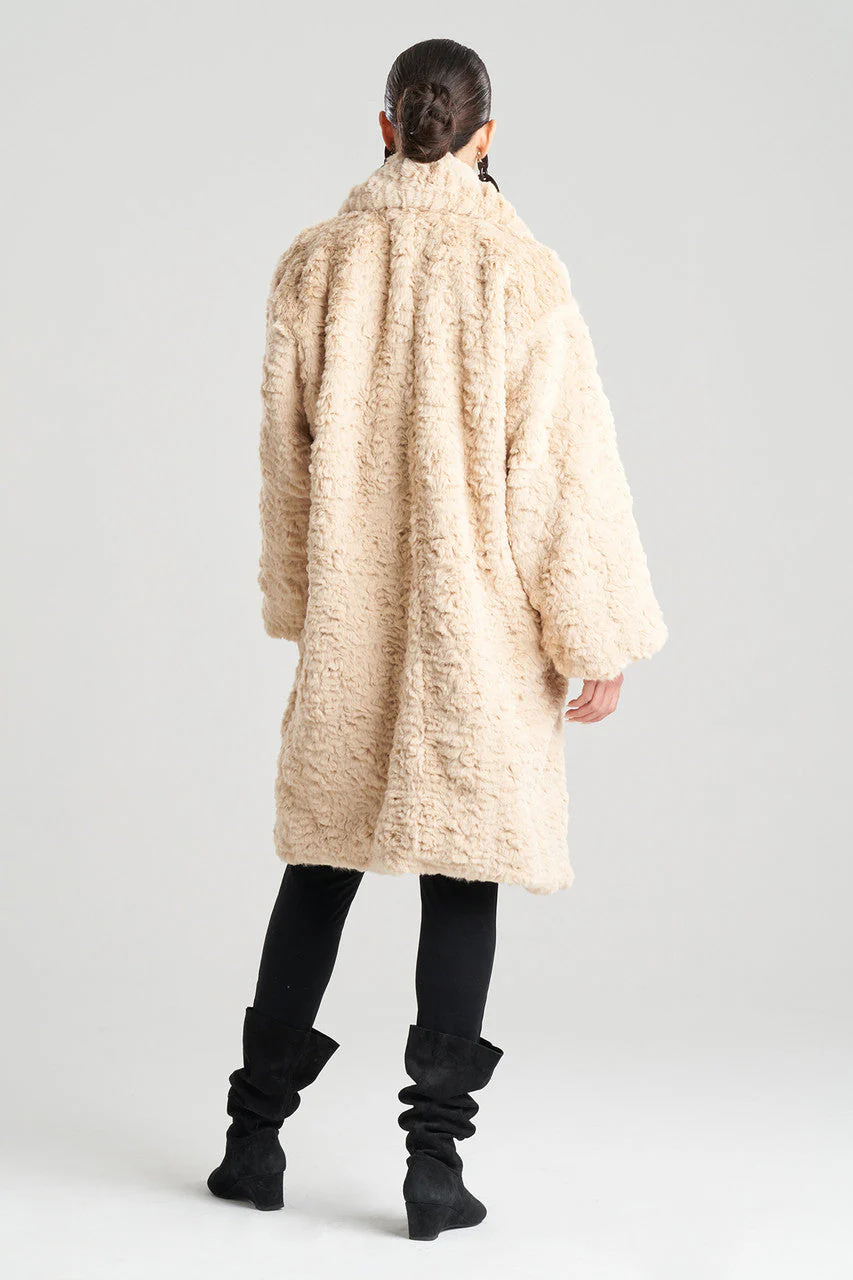 Textured Faux Fur Collared Long Coat - Image 2