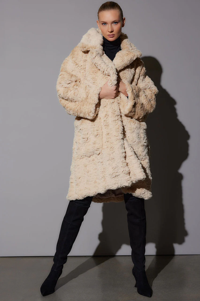 Textured Faux Fur Collared Long Coat - Image 3