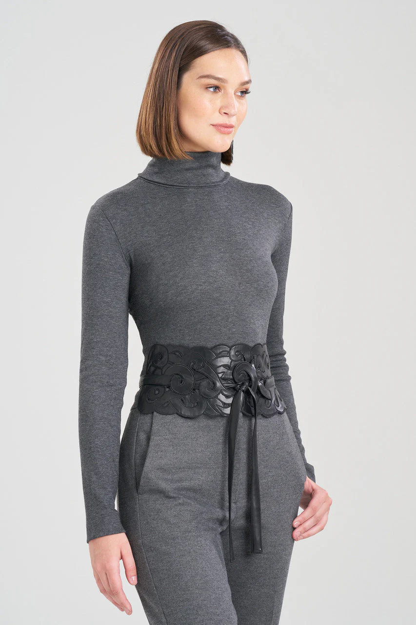 Vegan Luxe Lambskin Embroidered Scroll Obi Belt - Image 2