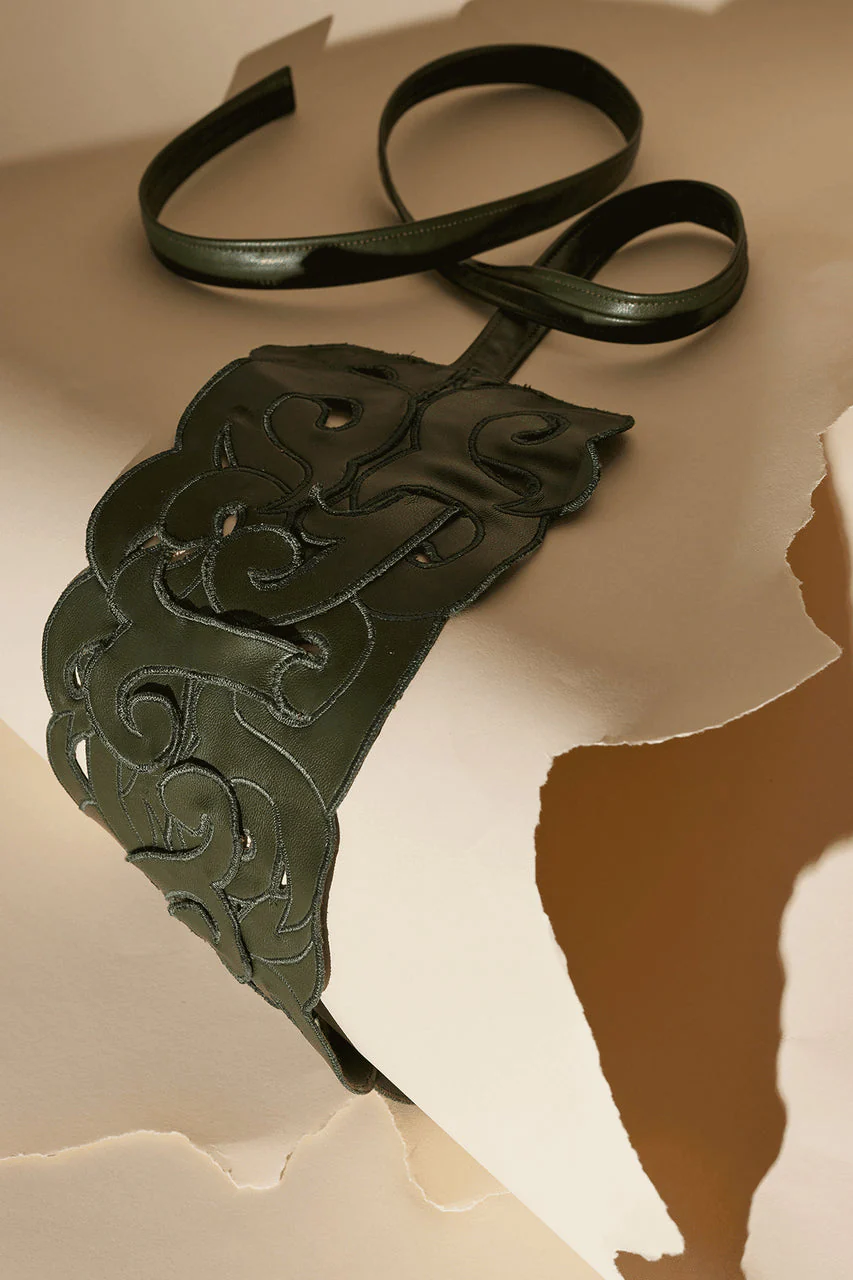 Vegan Luxe Lambskin Embroidered Scroll Obi Belt - Image 3
