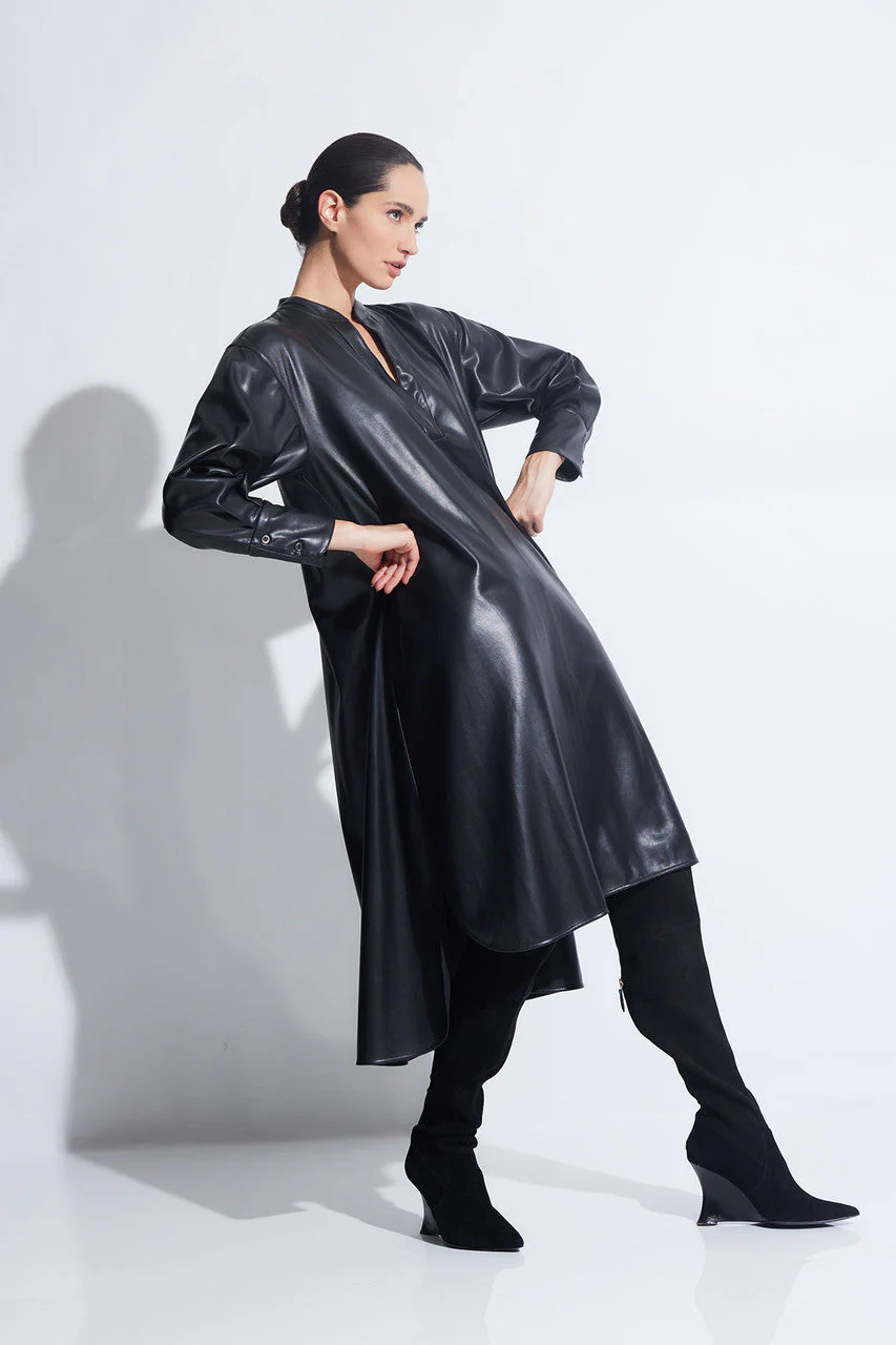 Vegan Luxe Leather Oversized Half Placket Shirtdress - Image 4