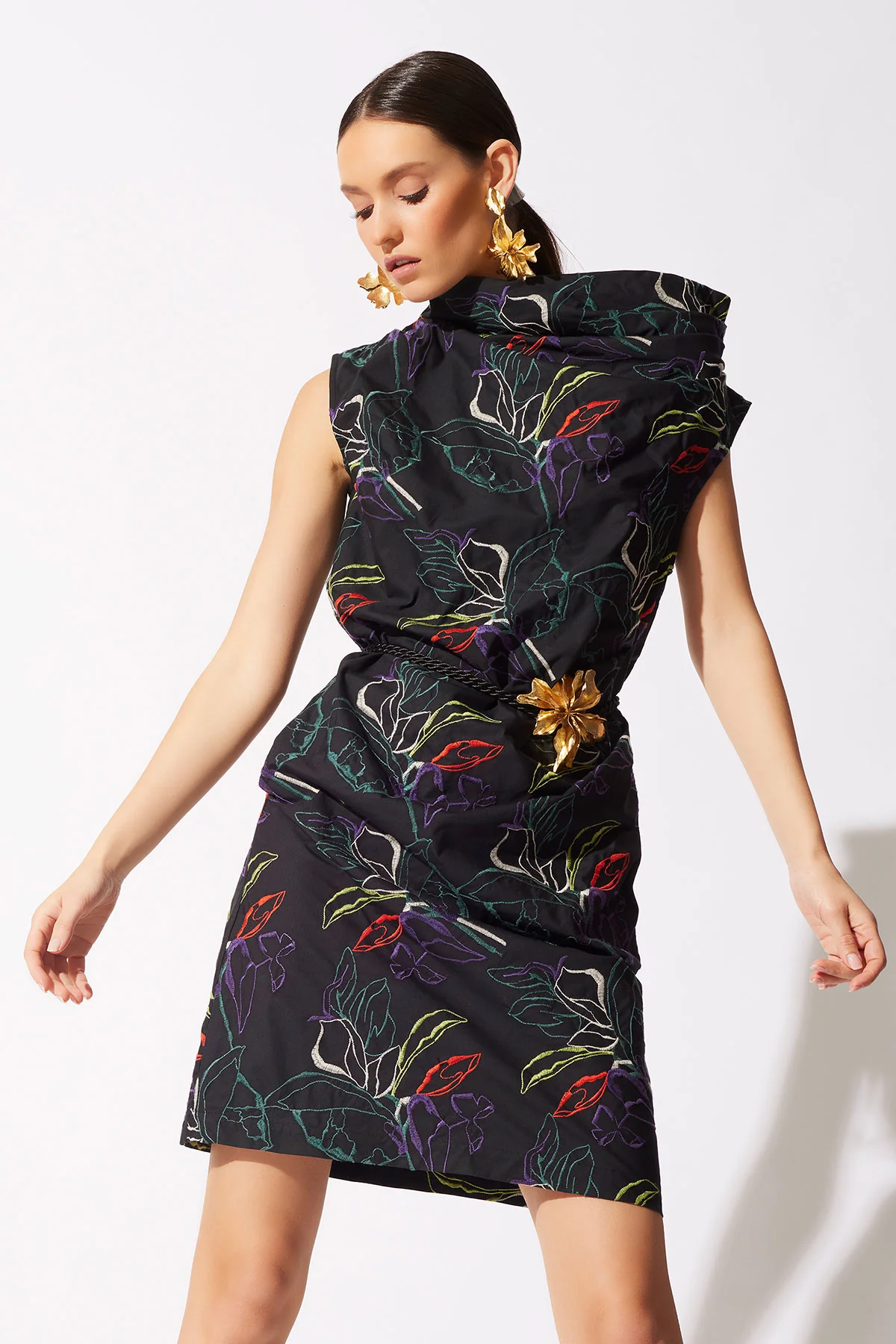 Yoru Embroidered Cotton Poplin Asymmetric Funnel Neck Dress