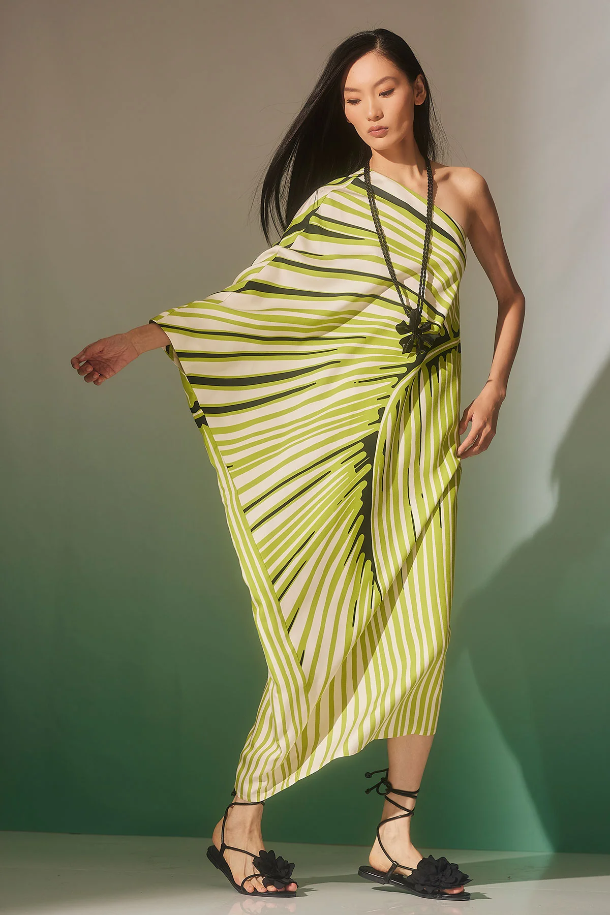 Yoshinoki Cotton Silk One Shoulder Caftan Dress