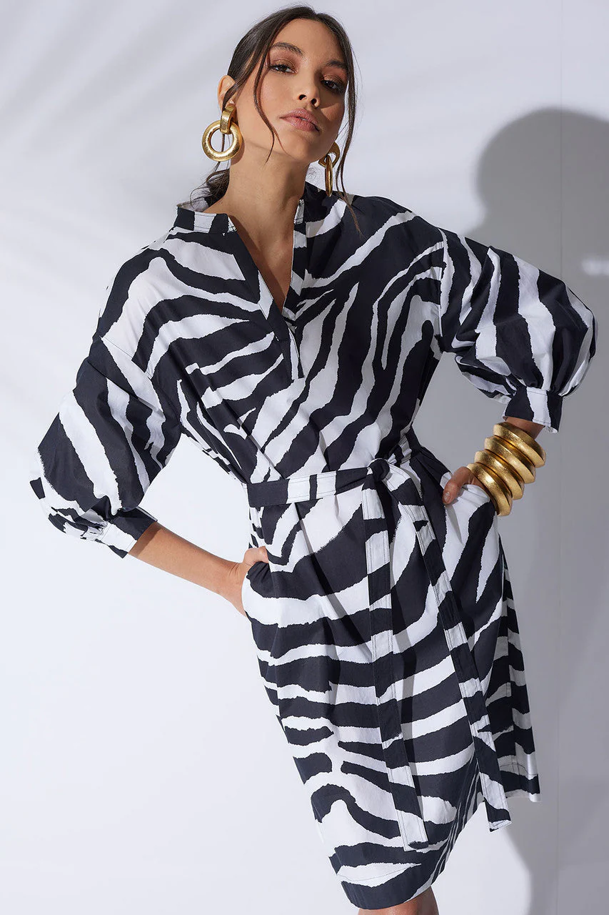 Zebra Cotton Poplin Balloon Sleeve Belted Shirtdress - Image 2